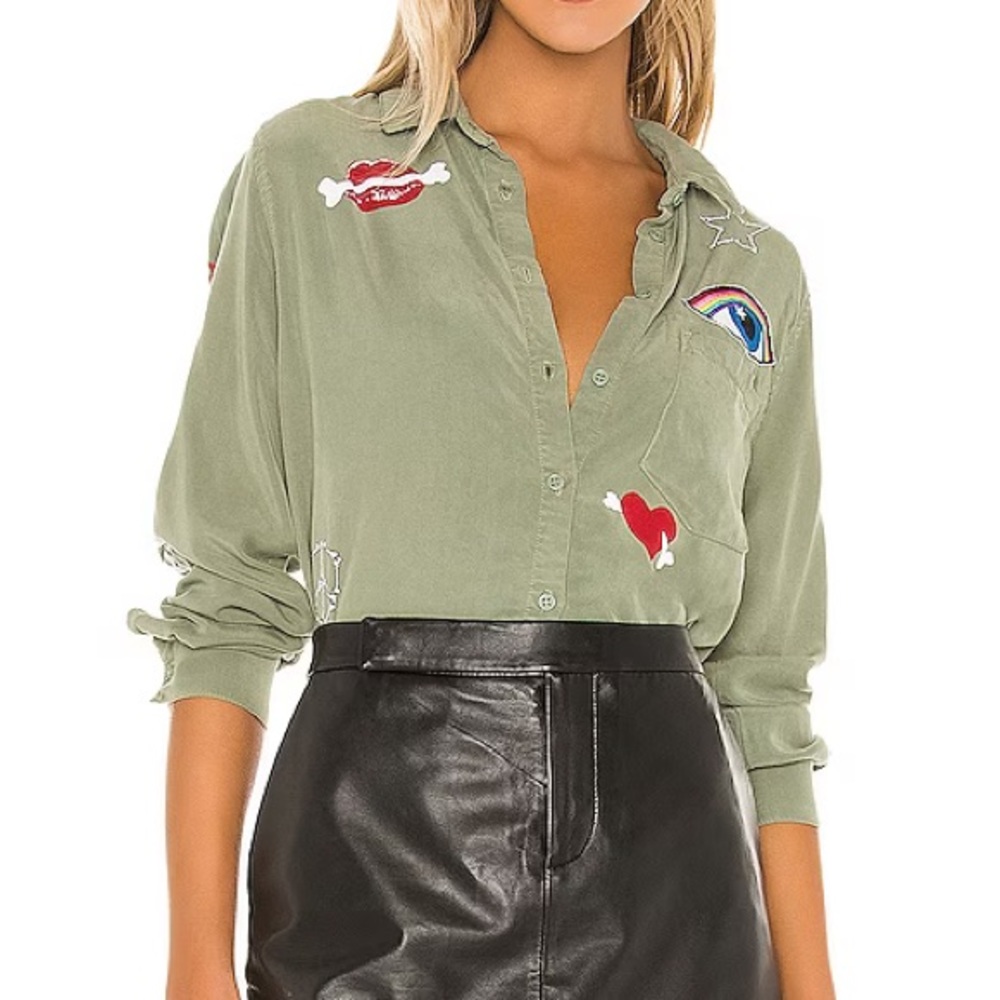 Lauren Moshi Green Relaxed Graphic Button Down